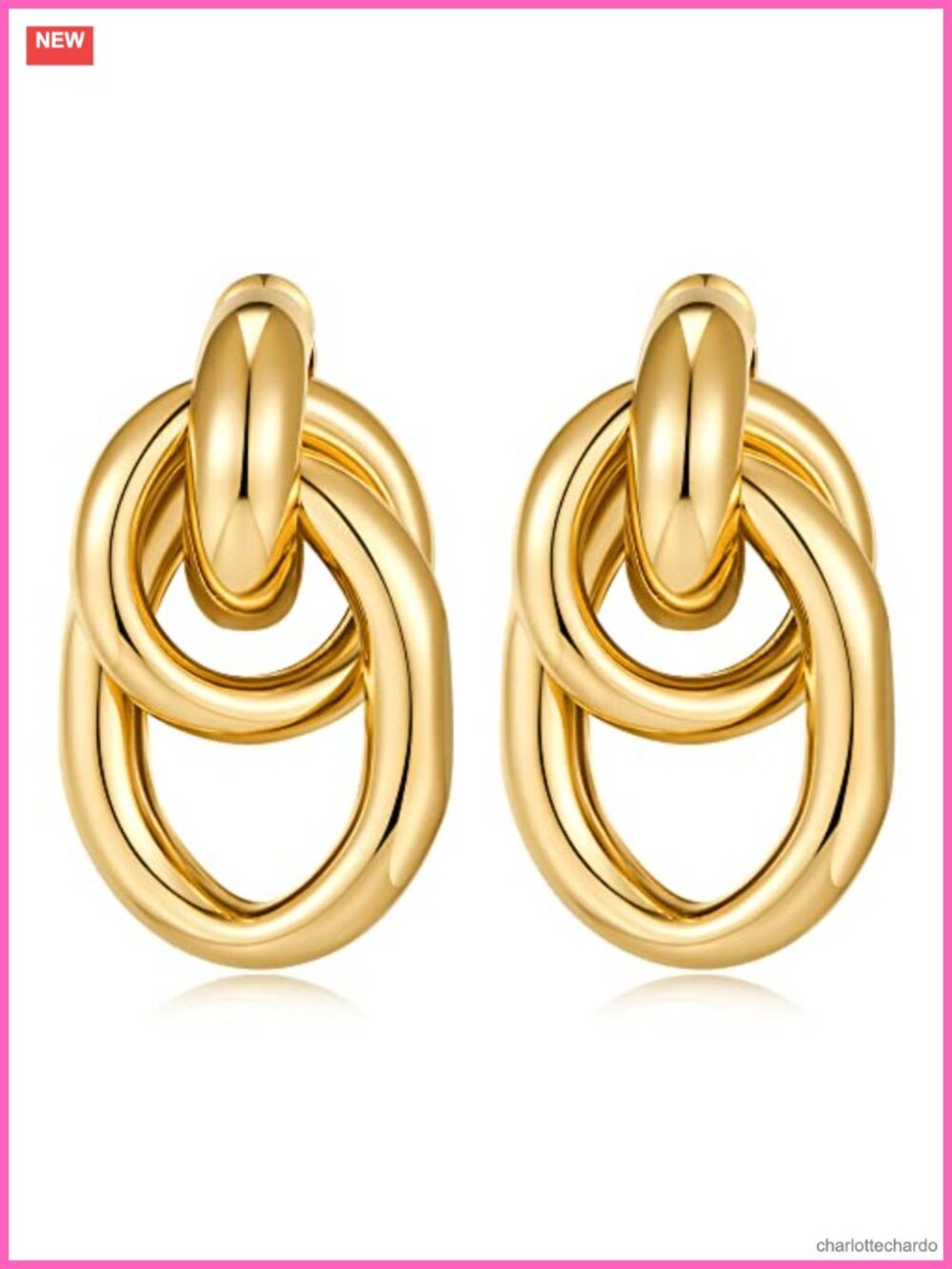 Chunky Gold Plated Geometric Knot Link Drop Dangle Statement Earrings